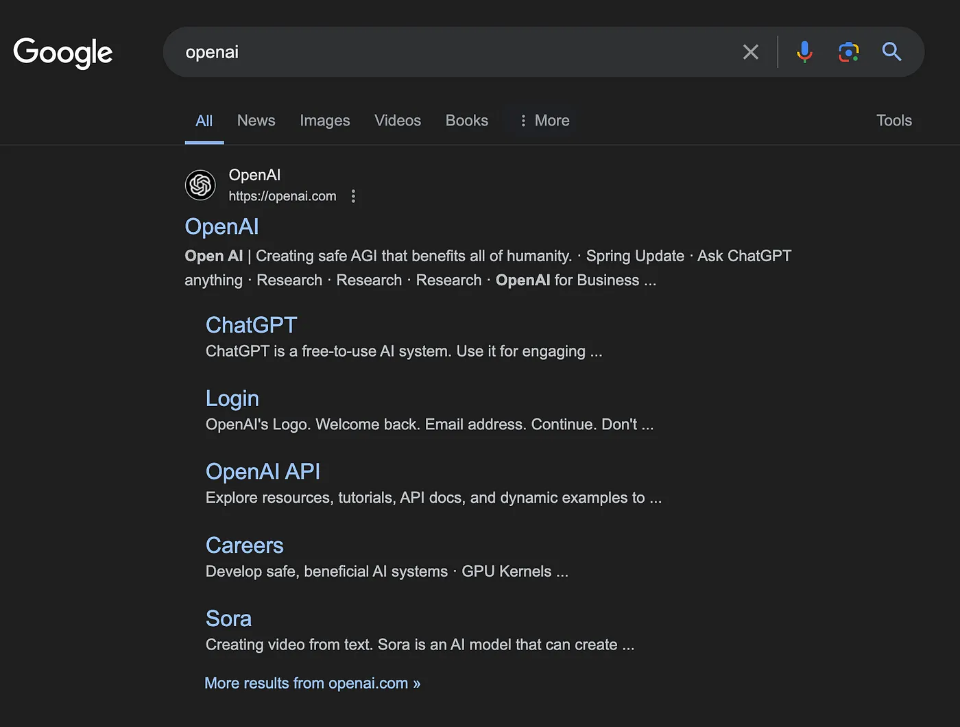 谷歌搜索结果中的 OpenAI  
